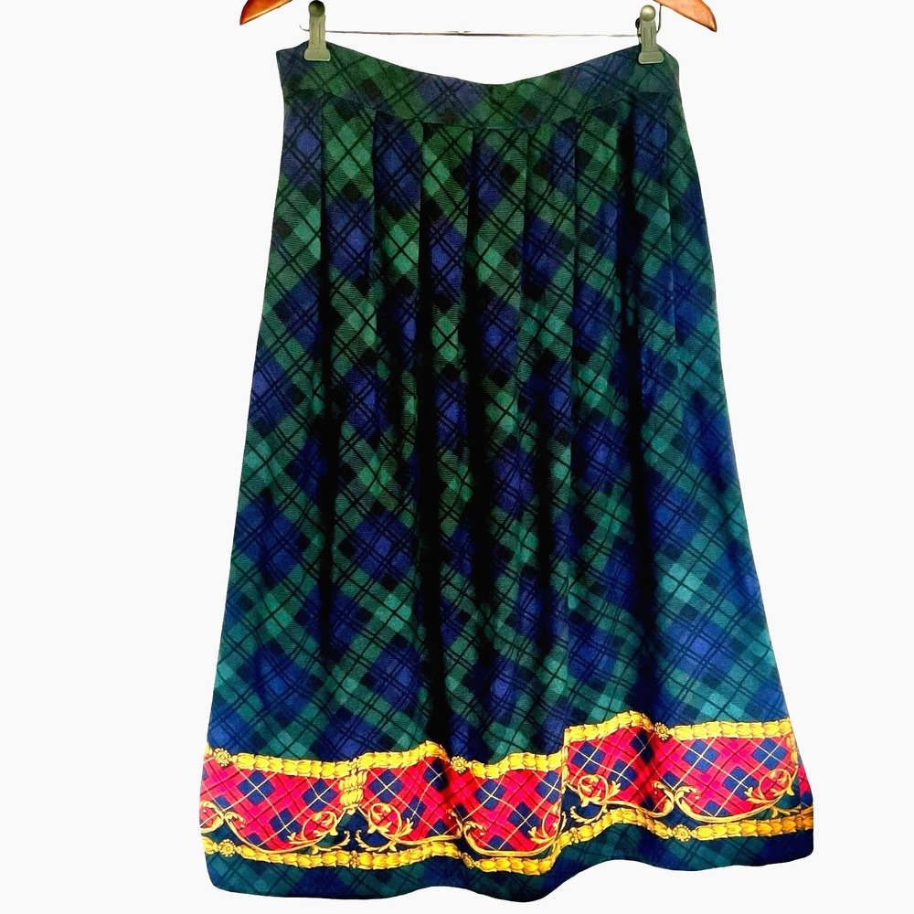 Vintage Briggs Midi Skirt Navy Green Tartan Plaid Sz 18 Equestrian Dark Academia